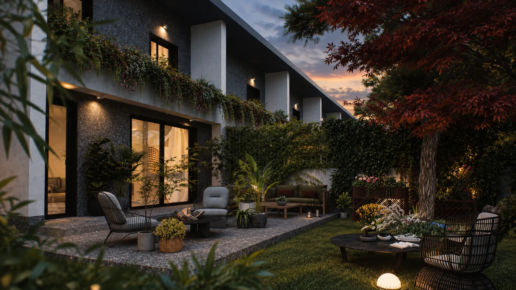 Render serale del patio di una villa Verde Vivere ad Angri